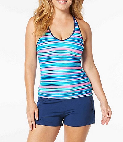 Beach House Ambition Stripe Fitted Cross Back Tankini Swim Top & April Solid Stretch Woven Swim Shorts