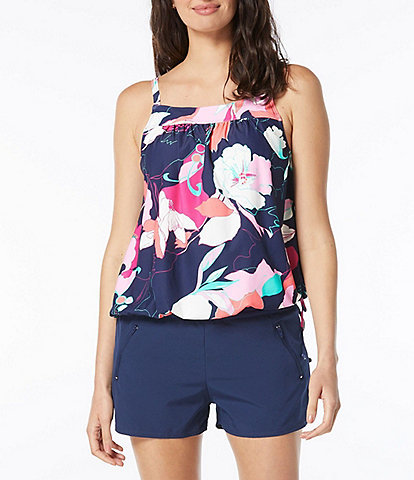 Beach House Audrey Avalon Floral Print Blouson Side Tie Tankini Swim Top & April Solid Stretch Woven Swim Shorts