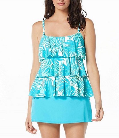 Beach House Jane Aqua Palm Print Ruffle Tankini Swim Top & Solid Emma Swim Skort Bottom