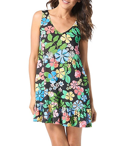 Beach House Midnight Garden Floral Print V-Neck Sleeveless Cover-Up Dress