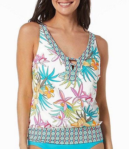 Coco Reef Eclectic Jungle Floral Tropical Bra Sized Side Tie Tankini Top &  Classic Rollover Swim Bottom