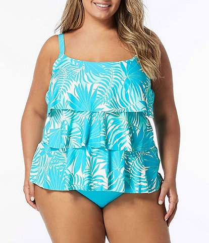 Beach House Plus Size Jane Aqua Palm Prin Ruffle Tiered Tankini Swim Top 7 Paloma Beach High Waisted Chloe Bikini Swim Bottom