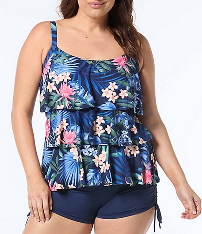 Beach House Plus Size Jane Floral Ruffle Tankini Swim Top & Paloma Beach Solids Blake Adjustable Swim Short