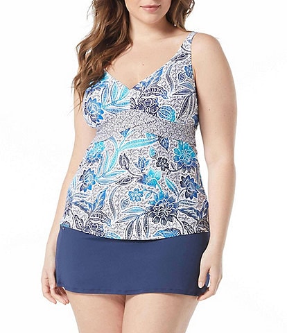 Beach House Plus Size Samoan Floral Adele V-Neck Fitted Tankini Swim Top & Paloma Beach Solids Emma Swim Skort