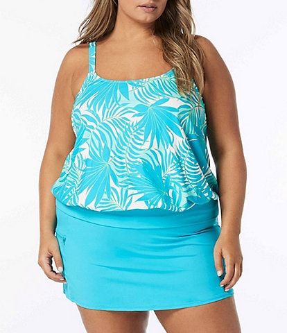 Beach House Plus Size Sarah Palm Side Tie coop Neck Blouson Tankini Swim Top & Swim Skort