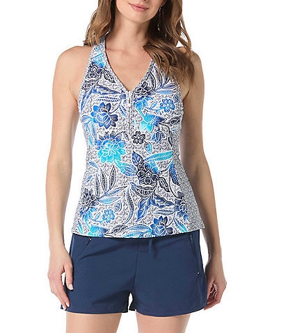 Beach House Samoan Floral Erinna Zip Front Racerback Tankini Swim Top & April Solid Stretch Woven Swim Shorts