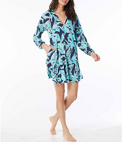 Beach House Seaglass Palm Print Ruffle Tiered Swim Cover-Up Dress