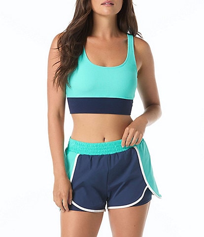 Beach House Soft Texture Ribbed Colorblock Scoop Neck Cropped Swim Top & Sport Dash Smoked Waist Swim Short