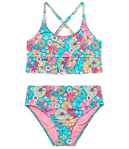 Beach Lingo Big Girls 7-16 Spaghetti Cross Back Straps Flower Printed Bralette  Top & Hight Waist Bottom Two-Piece Swimsuit