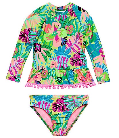 Beach Lingo Little Girls 2T-7 Bondi Long Sleeve Pom Pom Trim Two Piece Swimsuit