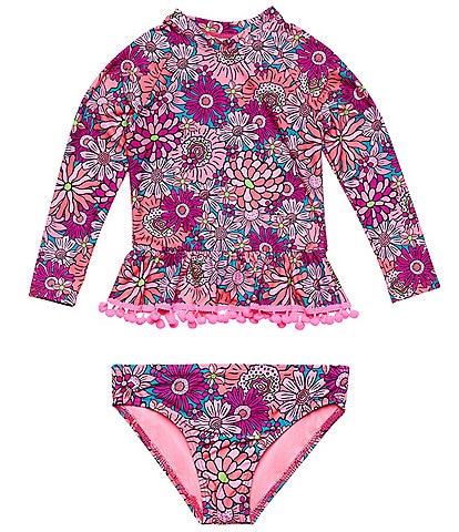 Beach Lingo Little Girls 2T-7 Long Sleeve Pom Pom Trim Two Piece Swimsuit