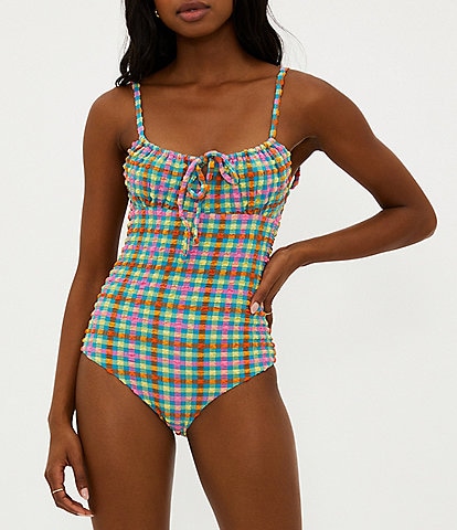 Beach Riot Betsy Crinkle Gingham Tie Shoulder One Piece Swimsuit