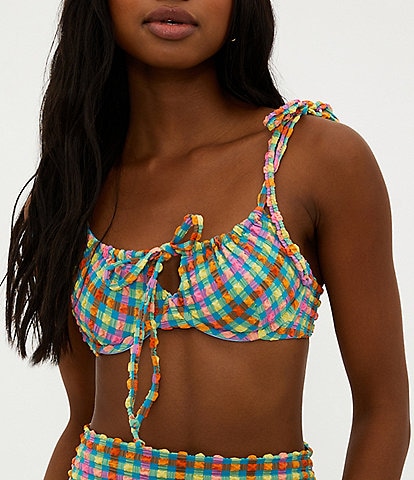 Beach Riot Caitlin Gingham Crinkle Tie Shoulder Swim Top