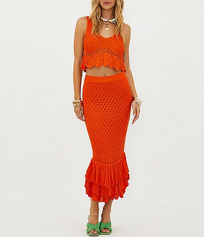 Beach Riot Leight Cropped Crochet Scalloped Hem Cover-Up Top & Polly Crochet Ruffle Midi Skirt Cover-Up