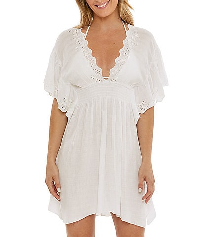 Becca by Rebecca Virtue Barbados Woven Flutter Sleeve Embroidered Eyelet Scallop Cover-Up Tunic