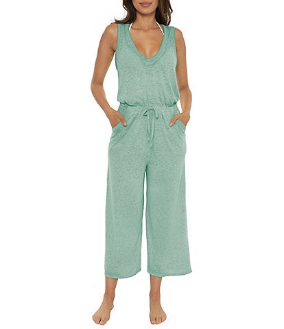Becca by Rebecca Virtue Beach Date Slub Burnout Knit V-Neck Wide Leg Crop Jumpsuit Cover-Up