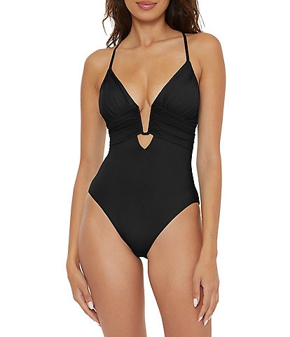Becca by Rebecca Virtue Color Code Solid Plunge V-Wire Criss Cross Back One Piece Swimsuit