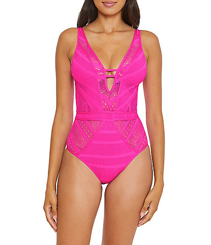 Becca by Rebecca Virtue Color Play Crochet Plunging V-Neck One Piece Swimsuit