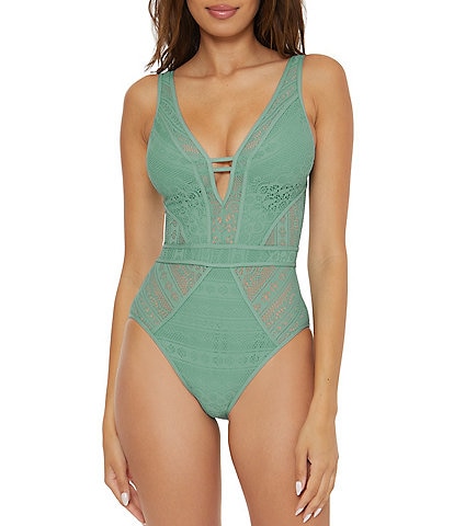 Becca by Rebecca Virtue Color Play Plunge V-Neck Crochet One Piece Swimsuit