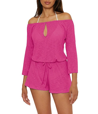 Becca By Rebecca Virtue Modern Edge Cassidy Ribbed Knit Off-The-Shoulder Romper Swim Cover-Up