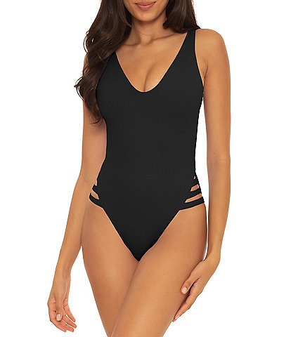 Becca by Rebecca Virtue Modern Edge Sophie Rib Texture Plunge Back V-Neck Cutout One Piece Swimsuit