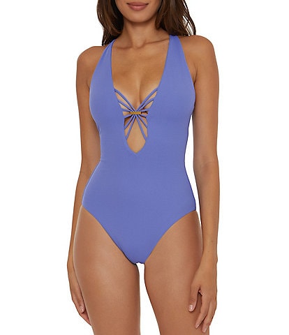 Becca by Rebecca Virtue Modern Edge Strappy Textured Rib Plunge One Piece Swimsuit
