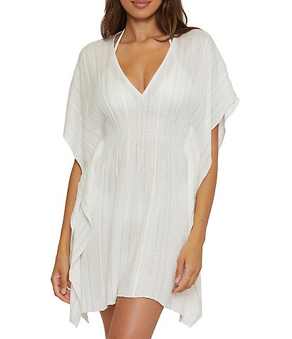 Becca by Rebecca Virtue Radiance Woven Texture Plunge V-Neck Flutter Sleeve Tunic Swim Cover-Up