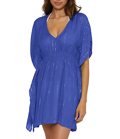 Becca by Rebecca Virtue Radiance Woven Texture Plunge V-Neck Flutter Sleeve Tunic Swim Cover-Up