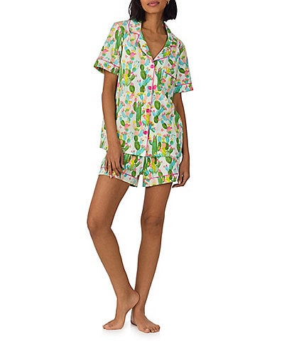 BedHead Cactus Garden Print Organic Cotton Blend Short Sleeve Notch Collar Knit Shorty Pajama Set
