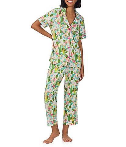 BedHead Cactus Garden Western Print Short Sleeve Notch Collar Organic Cotton Knit Cropped Pajama Set