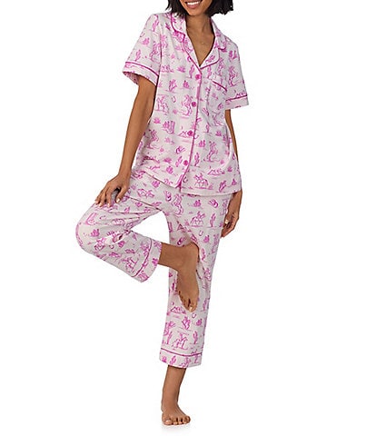 BedHead Cowgirl Western Toile Print Short Sleeve Notch Collar Cotton Knit Cropped Pajama Set
