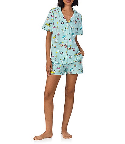 BedHead Organic Cotton Surfside Snoopy Print Short Sleeve Notch Collar Cotton Knit Shorty Pajama Set