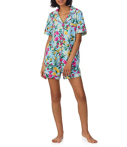 BedHead Organic Cotton Tropical Paradise Print Short Sleeve Notch Collar Cotton Knit Shorty Pajama Set