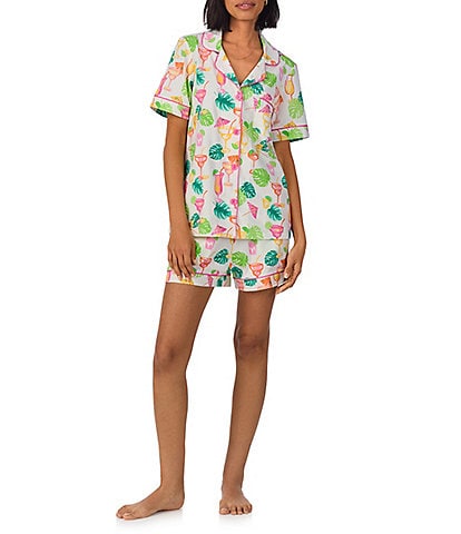 BedHead Organic Cotton Vacation Cocktail Print Short Sleeve Notch Collar Knit Shorty Pajama Set
