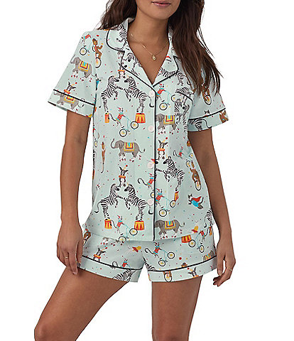 BedHead Pajamas Circus Print Short Sleeve Notch Collar Cotton Knit Shorty Pajama Set