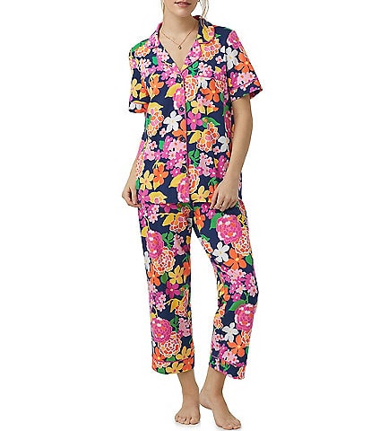 BedHead Pajamas Floral Print Knit Short Sleeve Chest Pocket Notch Collar Cropped Pajama Set