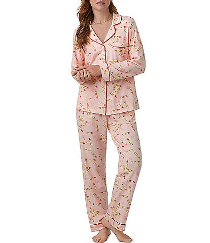 Bedhead Pajamas Jersey Knit Lipstick Print Long Sleeve Notch Collar Long Pant Pajama Set