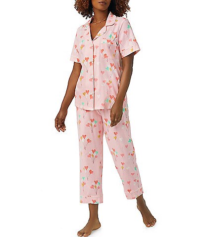 Sanctuary Knit Heart Print Short Sleeve Notch Collar Top & Jogger Pajama Set