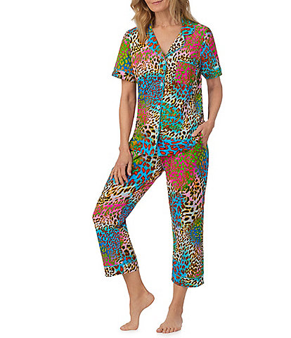 BedHead Pajamas Leopard Print Short Sleeve Notch Collar Cropped Pajama Set