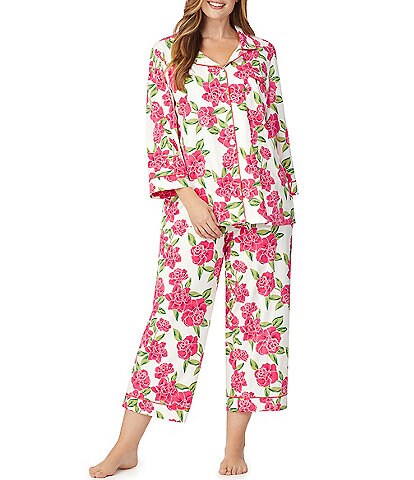 BedHead Pajamas Plus Size Floral Print Notch Collar 3/4 Sleeve Classic Stretch Jersey Crop Pajama Set