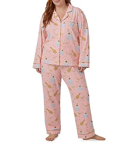 Bedhead Pajamas Plus Size Jersey Knit Festive Print Long Sleeve Notch Collar Long Pant Pajama Set
