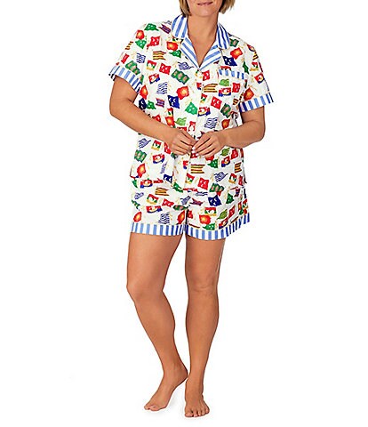 BedHead Pajamas Plus Size Nautical Flag Short Sleeve Notch Collar Woven Shorty Pajama Set