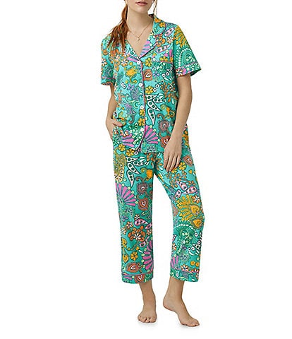 BedHead Pajamas Printed Knit Short Sleeve Chest Pocket Notch Collar Cropped Long Pant Pajama Set
