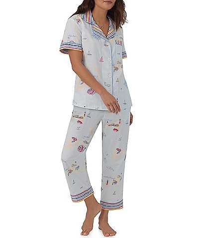 BedHead Pajamas Short Sleeve Notch Collar Woven Cropped Sea Print Pajama Set