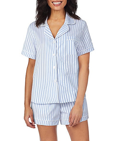 BedHead Pajamas Striped Print Notch Collar Woven Sateen Shorty Pajama Set
