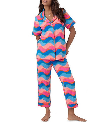 BedHead Pajamas Wave Print Short Sleeve Chest Pocket Notch Collar Organic Cotton Knit Cropped Pajama Set