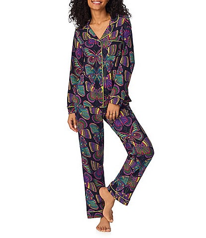 BedHead Pajamas x Trina Turk Butterfly Print Long Sleeve Notch Collar Long Pant Knit Pajama Set