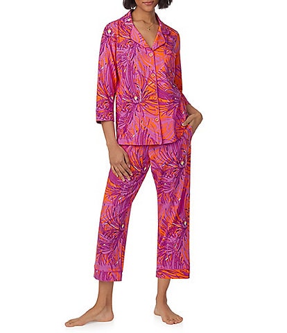 BedHead Pajamas x Trina Turk Floral Knit 3/4 Sleeve Notch Collar Cropped Pajama Set