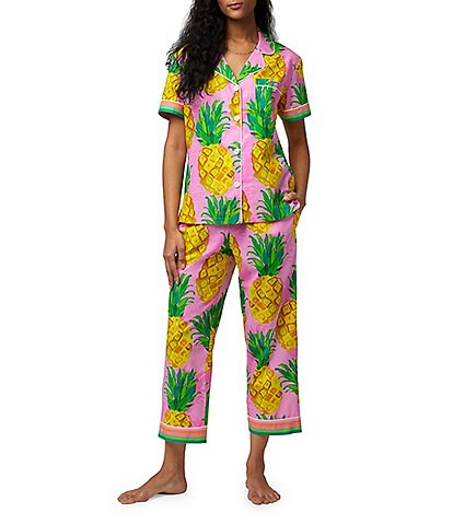 BedHead Pajamas x Trina Turk Pineapple Print Short Sleeve Woven Poplin Cropped Pajama Set