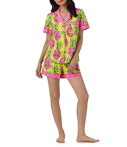 Bedhead Pajamas x Trina Turk Short Sleeve Notch Collar Woven Kiwi Pineapple Shorty Pajama Set